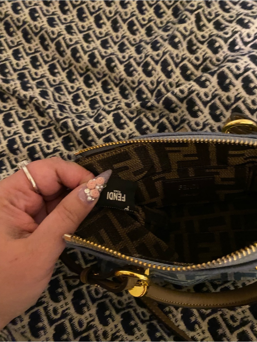 Fendi Blue FF Canvas Mini Bag with Tan Leather Handles - Picture 8 of 8